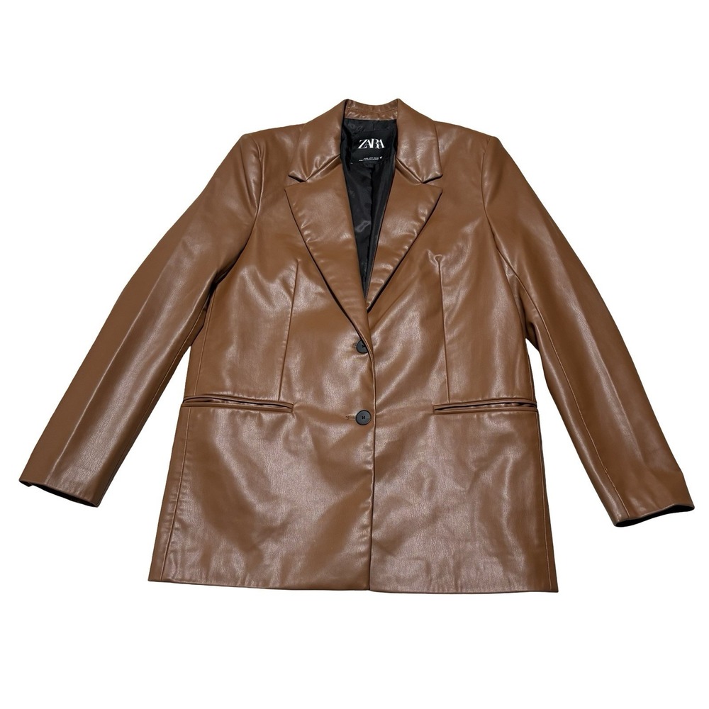 Zara Faux Vegan Leather Oversized Boyfriend Brown Cognac Blazer Jacket‎ SM 19x30